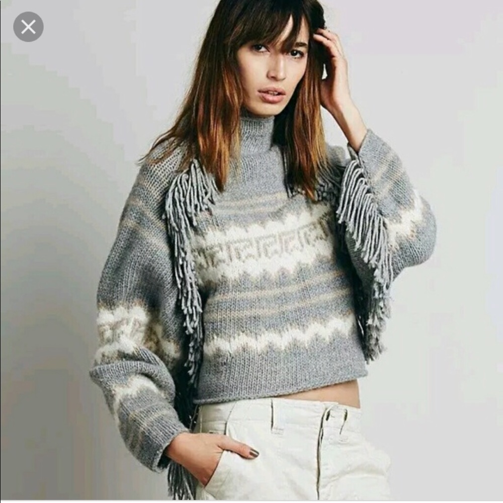 Free People Heirloom Mayan Traveler Aztec Peruvian Gray/Blue and Cream  Sweater